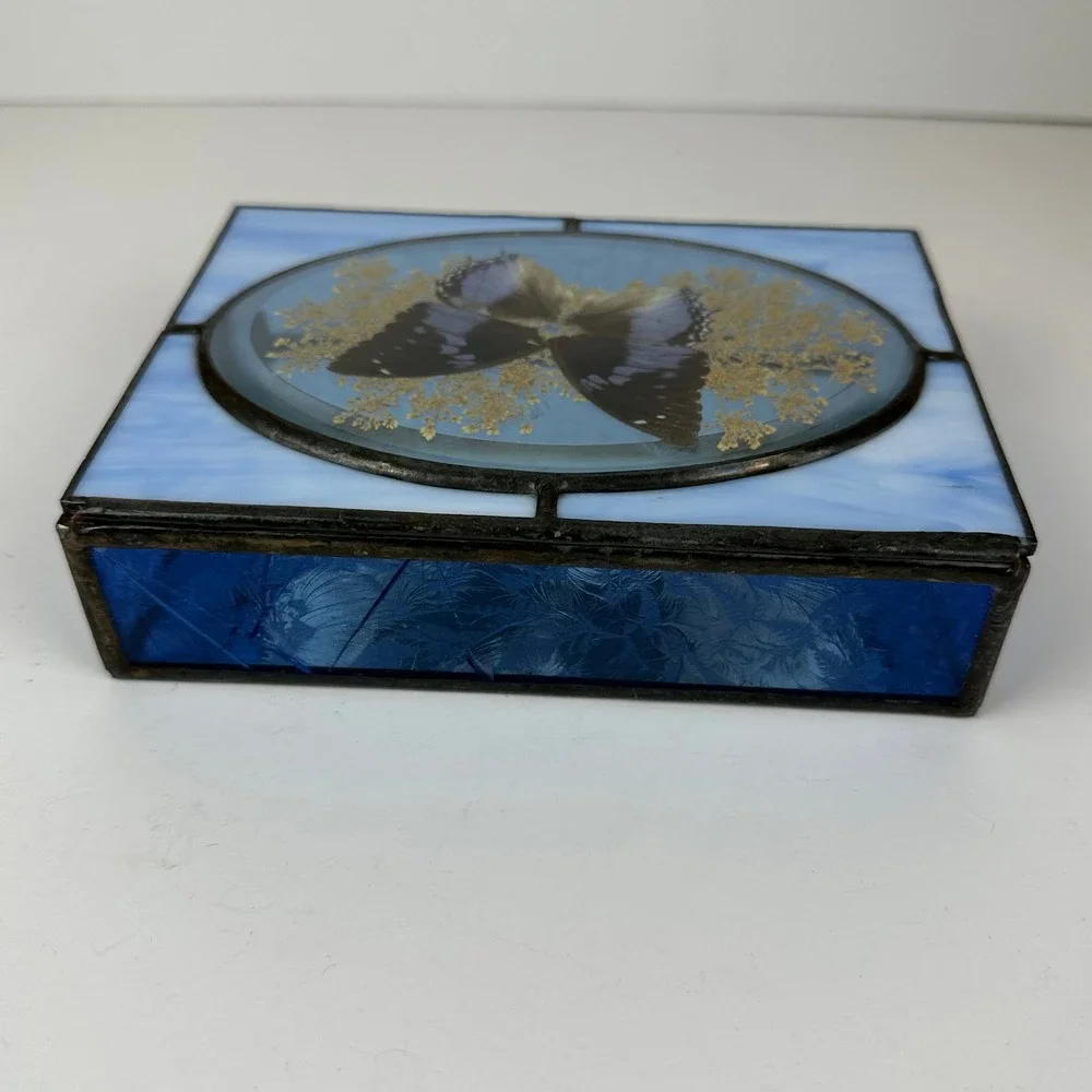 Vintage Stained Glass Hideaway Butterfly Trinket Box Blue Slag Glass Taxidermy